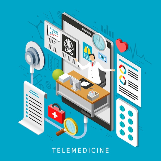 Telemedicine concept in 3d isometric flat design