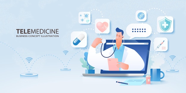 telemedicine concept banner with doctor pops out from a laptop computer and medical icons