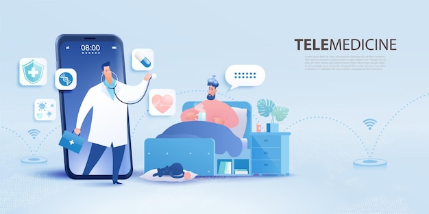 Telemedicine concept banner with patient visiting doctor using smartphone app