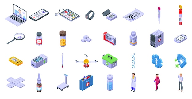 Telemedicine icons set. Isometric set of telemedicine  icons for web  