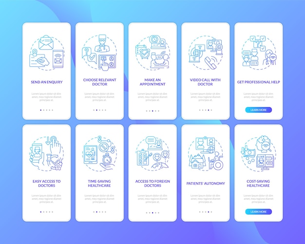 Telemedicine onboarding mobile app page screen with concepts set