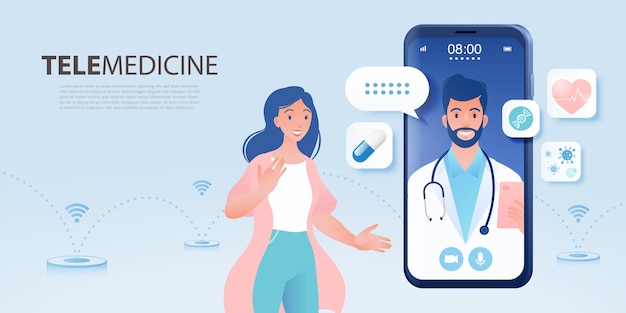 Telemedicine vector banner with female patient consulting doctor using smartphone app