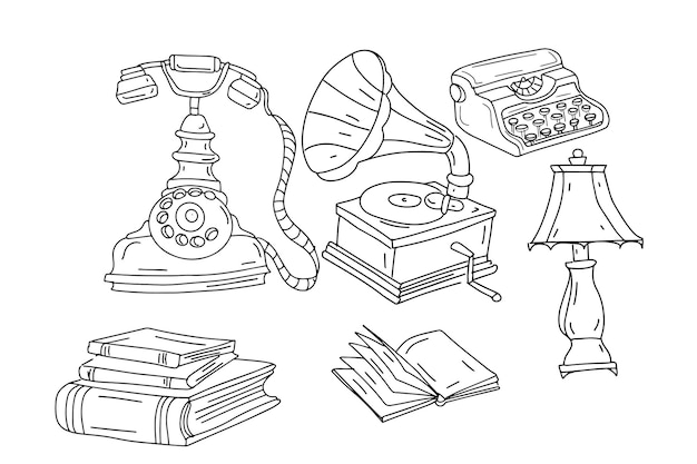 Telephone typewriter patifon old kgigi handdrawn sketch doodle set large separately on a white