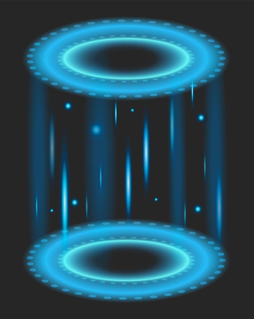 Teleport with blue glow rays with sparks Neon energy circles portal podium Light futuristic digital wrap or fantasy glowing hologram Vector vertical space tunnel with luminous beams