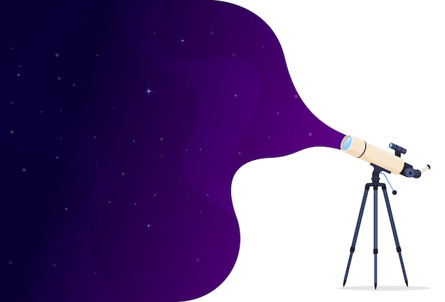 A telescope for observing the cosmos Banner with a telescope on the background of space Vector illustration