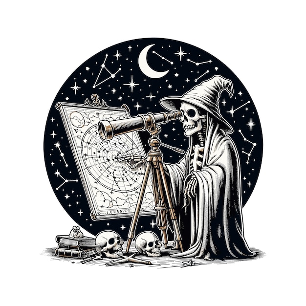 Vector telescope with a skull and skeleton astronomy spooky halloween skeleton use telescope and see space