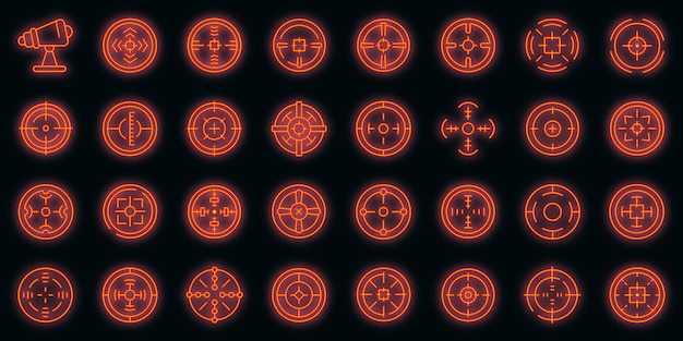 Telescopic sight icons set. Outline set of telescopic sight vector icons neon color on black