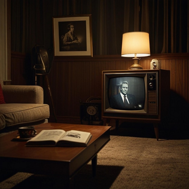 Vector a television set is in a dark room with a lamp on the table