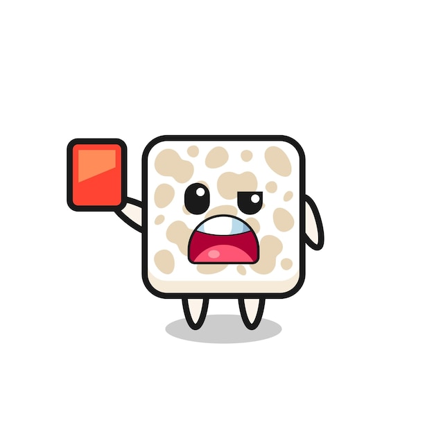 Tempeh cute mascot as referee giving a red card