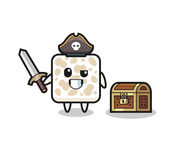 The tempeh pirate character holding sword beside a treasure box