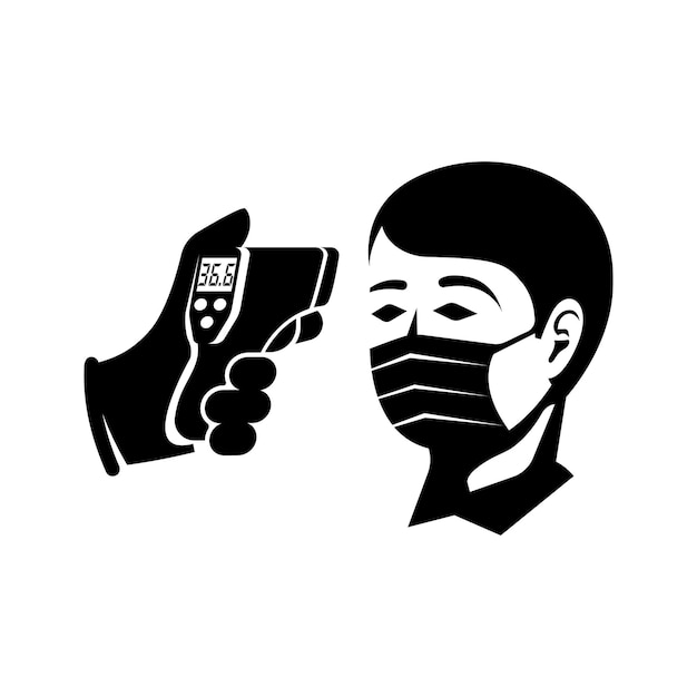 Temperature check black icon. Doctor holding a non-contact thermometer in hand. Silhouette mask on face. Pictogram coronavirus prevention. Epidemic 2019-ncov. Vector illustration flat design.