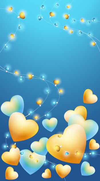 Template for banner with 3d gold heart realistic garland decorative shining lights Valentines day