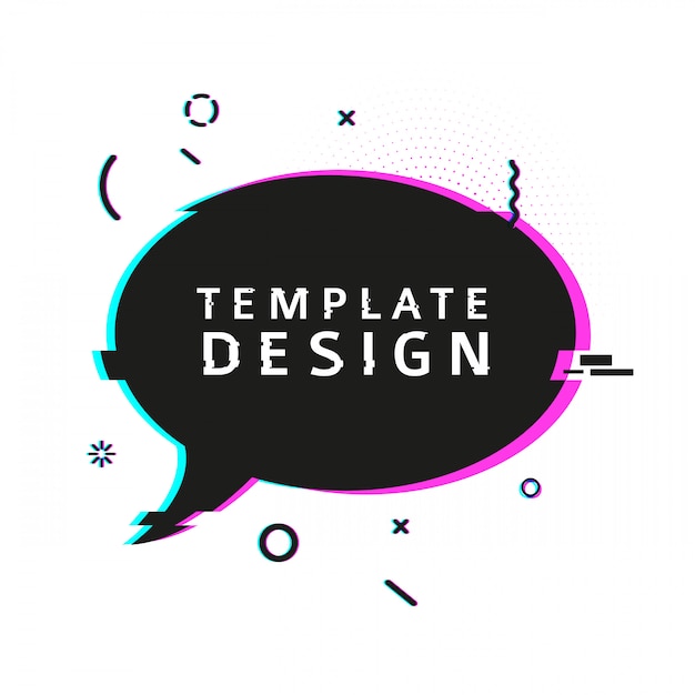 Template  banner with glitch effect. Horizontal black speech bubble layout poster with broken particles. Banner with pixel graphics and geometric crash element. 