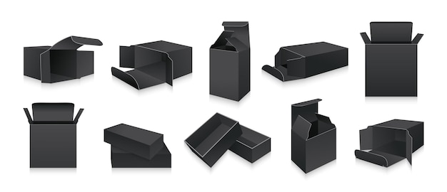 Template black 3D box   set Blank realistic product packaging gift boxes collection