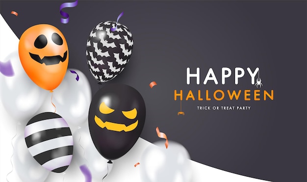 Template black banner with 3d balloons with faces Happy Halloween