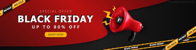 Template of Black Friday ad panoramic banner with sale information red megaphone and ribbons