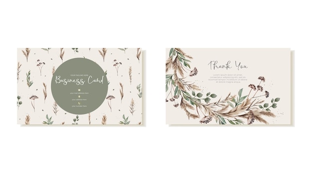 Vector template business card or thank you card with watercolor hand painted field grasses in rustic style