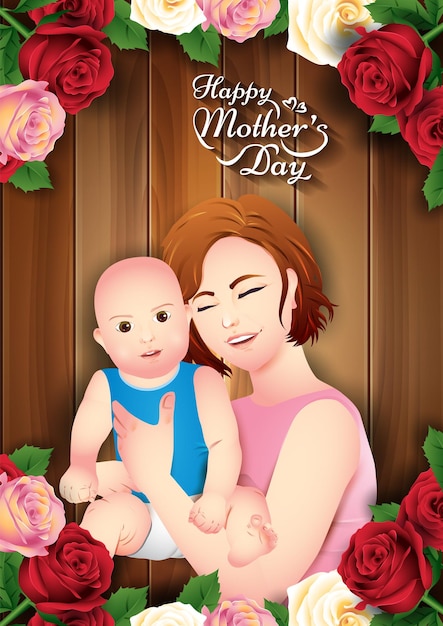 Template design for happy mother's day with mom and baby illustration