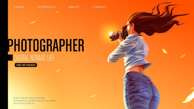 Template design for landing page in vector illustration of the lady photographer is smiling