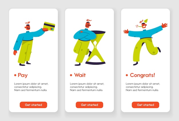 Template design for mobile app page with pay wait and congrats