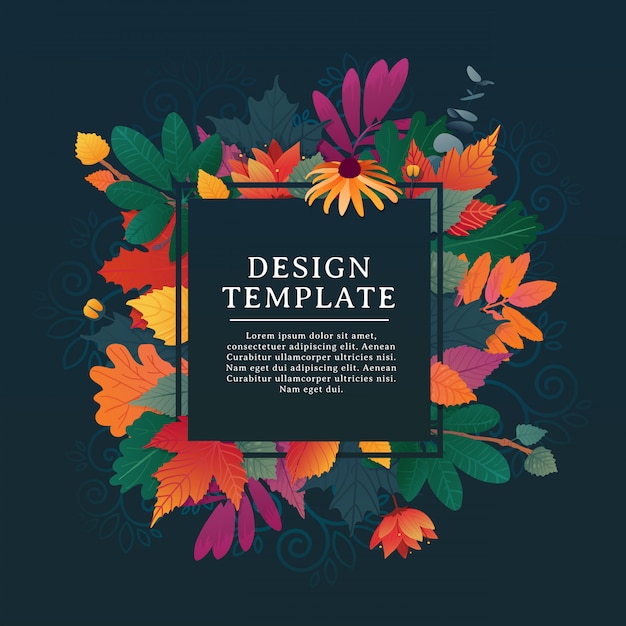 Template design square banner for fall season with white frame and herb