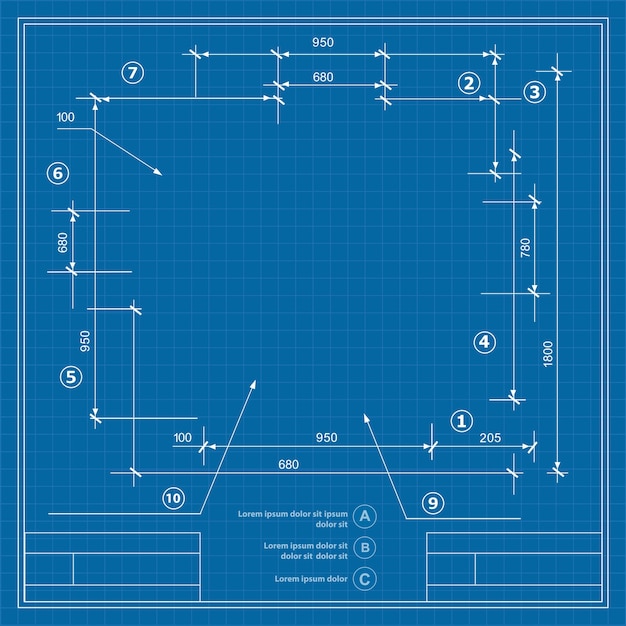 Template drawing plan blueprint scheme with dimensions strings and geometry of the draft chart For an industrial project to illustrate a presentation