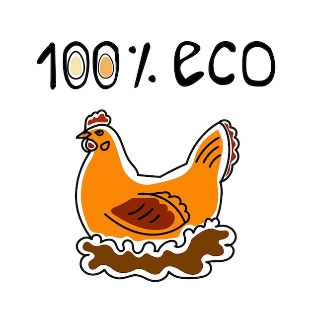 Template for fresh farm product in simple logo design A happy hen sits on a nest with sign 100 percent eco Concept of free range chicken and fresh farm egg