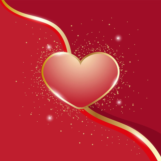 Vector template greeting card, cover, post with golden waves and glitter heart on red background