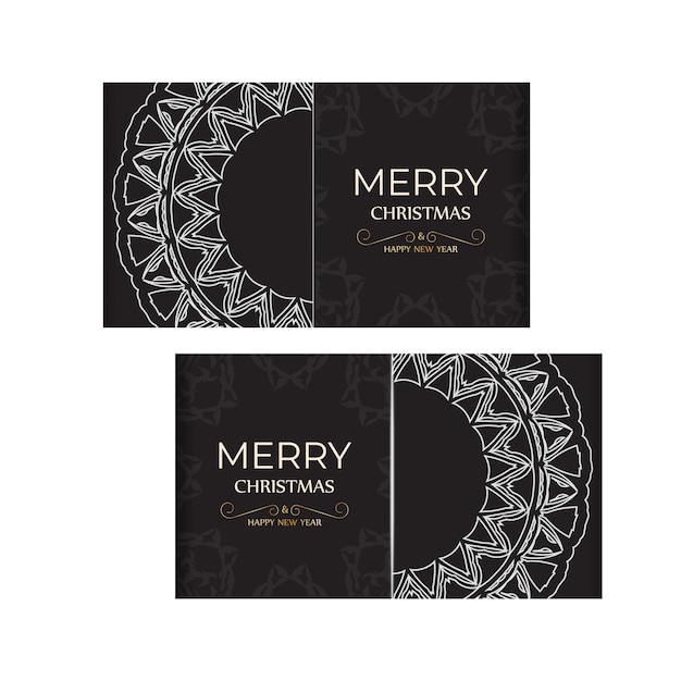 Template Greeting card Happy New Year and Merry Christmas in black color with white ornament.