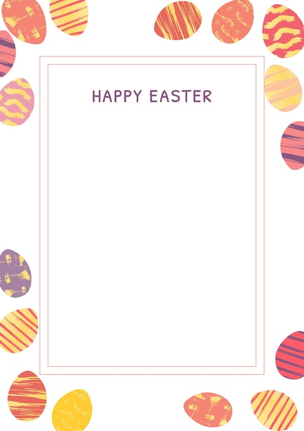 Template for happy easter greeting card or letter. Easter art on eggs around frame with copy space. Grunge eggs in bright colors