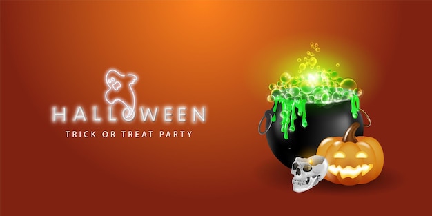 Template for a horizontal banner for Halloween with 3d pumpkins a skull a witch's bowler hat Neon lettering on an orange backgroundCreepy website template with space for text