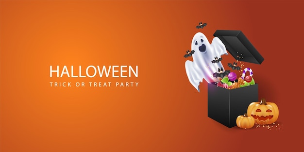 Template for a horizontal poster and banner for Halloween with 3d pumpkins sweets a ghost flying out of a candy boxon an orange backgroundCreepy website template with space for text