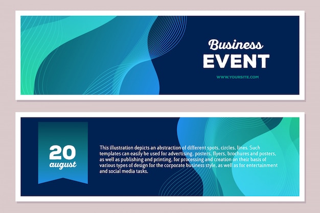 template illustration of blue colorful abstract composition with text on dark background, horizontal format. Business event concept. Front and back side.