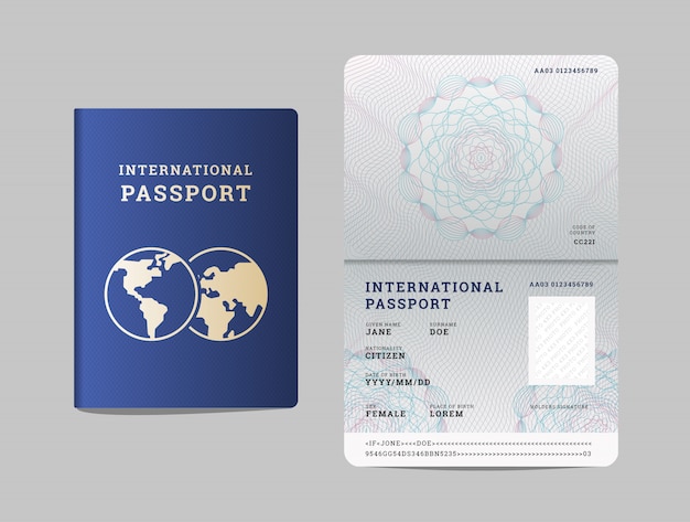 Template of international passport with opened page