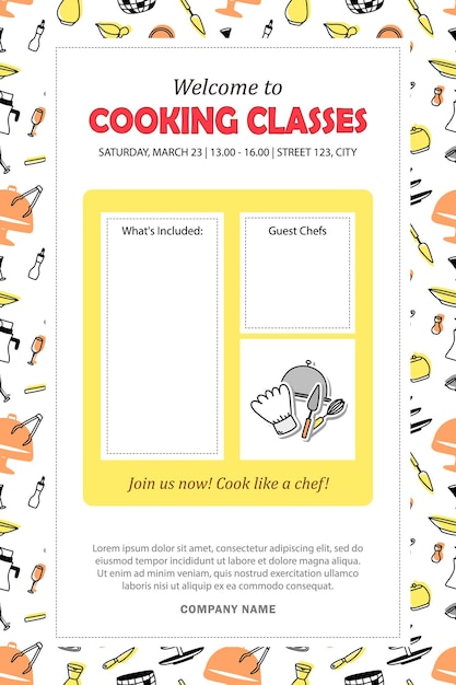 Template for invitation to cooking classes. Banner, poster with culinary courses information