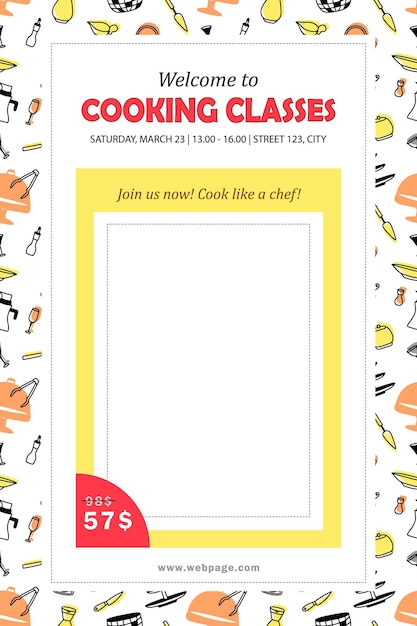 Template of invitation to cooking classes. Poster with culinary courses schedule and blank space