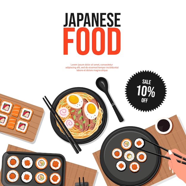 Template for Japanese restaurant advertising in social networks with rolls ramen soup and sushi