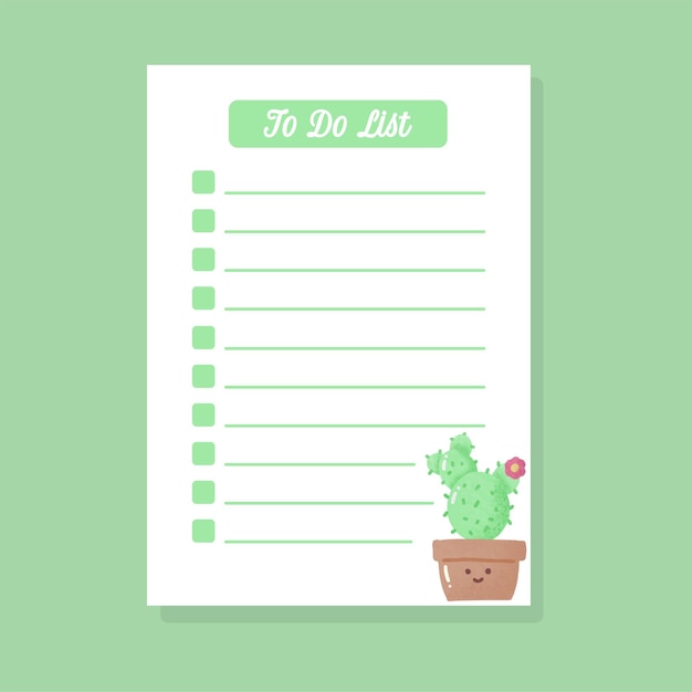 Vector template to do list with cactus kawaii hand drawn