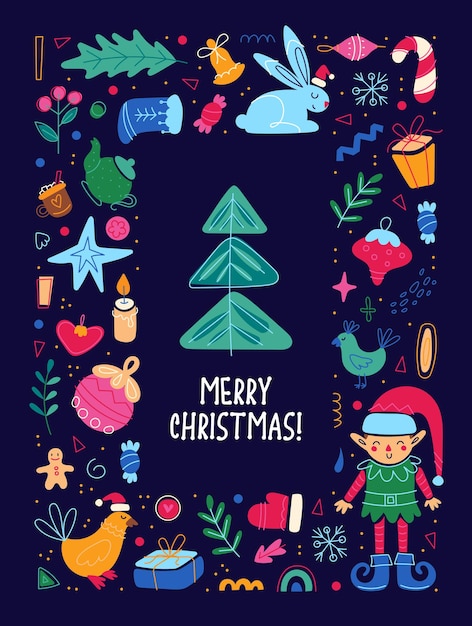 Template of Merry Christmas holiday card Happy New Year poster flyer frame cute illustration