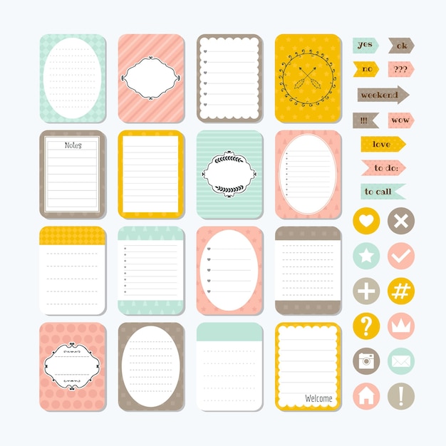 Template for notebooks Cute design elements Notes labels stickers Collection of note papers