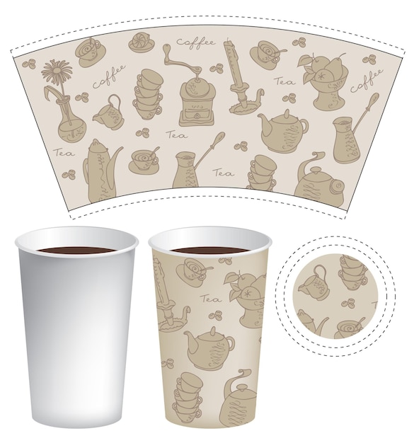 Vector template paper cup for hot drinks with cutlery