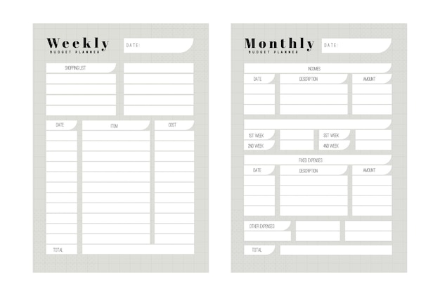 Template of personal budget plan, monthly, weekly and Trendy gray colors. Budget planner weekly