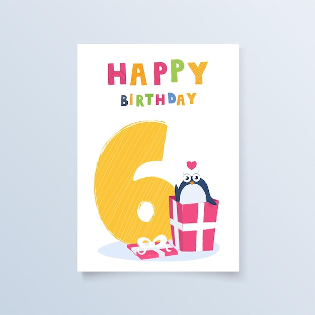 Template postcard six years with penguin gift greeting card birthday holiday