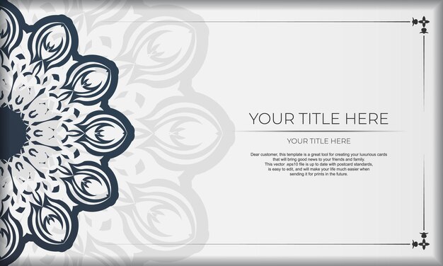 Template for print design background with vintage patterns. White banner with mandala ornaments and place for your logo.