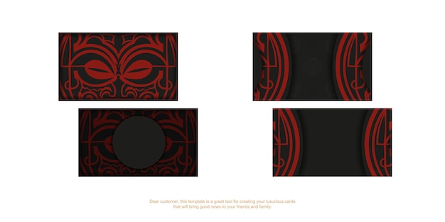 Vector template for print design business cards in black with red maori mask patterns.