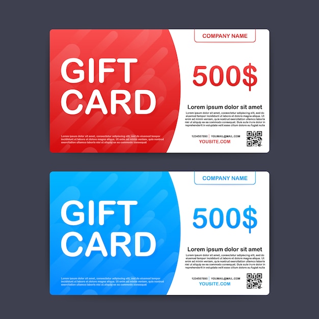 Template red and blue gift card. 500 dollars voucher.  illustration.