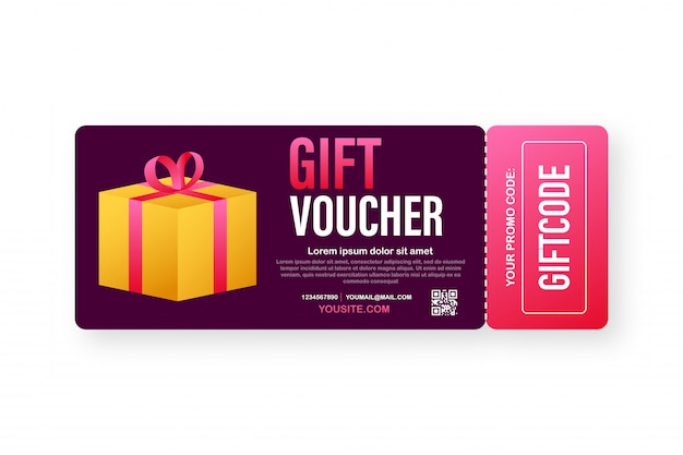 Template red and blue gift card.  Gift Voucher with Coupon Code. Discount voucher.   illustration.