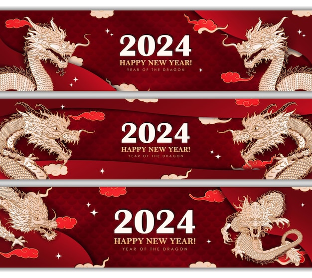 Template of red panoramic banners with hand drawn paper cut golden Asian dragons for Lunar New Year