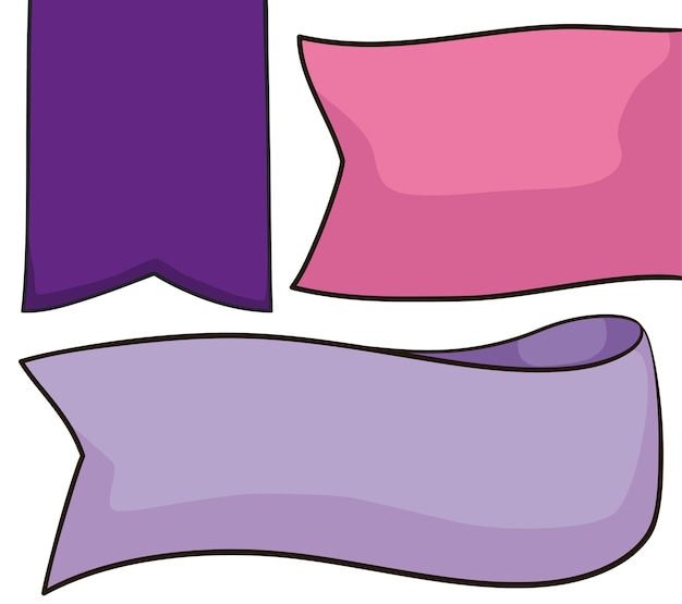 Template set with different ribbons in cartoon style also different sizes in purple and pink colors