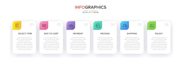 Template for shopping infographics. Six options or steps with icons and text.